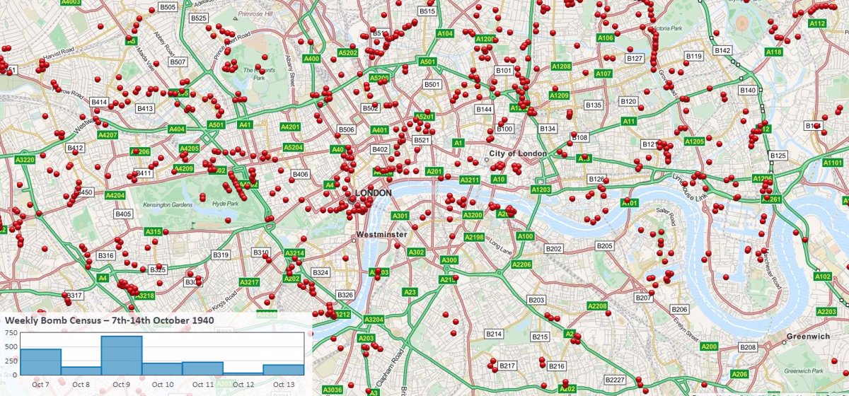Este mapa muestra las bombas que cayeron en Londres durante la II Guerra  Mundial