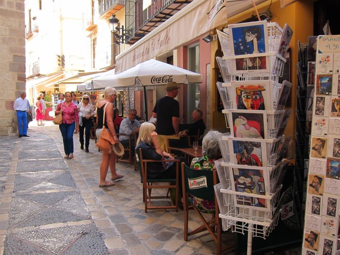 Turismo, turista, souvenirs, terraza, picasso