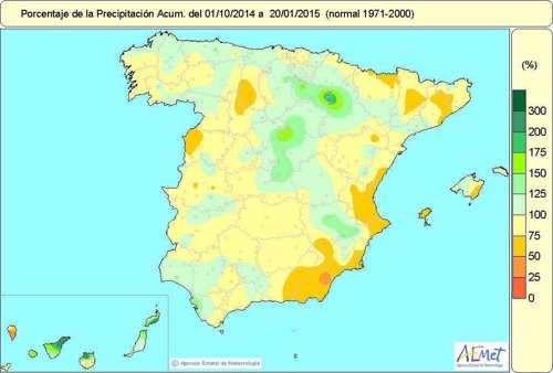 Mapa de precipitaciones en España desde el 1-10 2014 al 14-4-2015