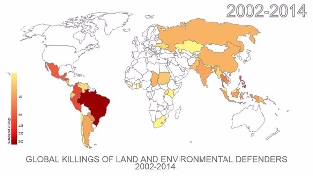 Mapa de activistas medioambientales asesinados en el mundo de 2002 a 2014