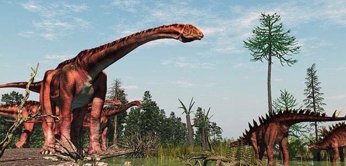 Escena con dinosaurios gigantes del tránsito Jurásico-Cretácico