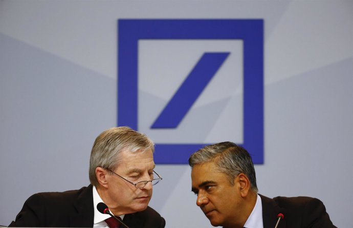 Jain and Fitschen, co-CEOs of Deutsche Bank, speak at a news conference in Frank