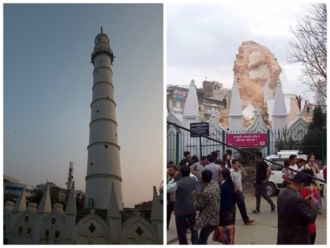 Torre Dharaha antes y después del terremoto en Nepal