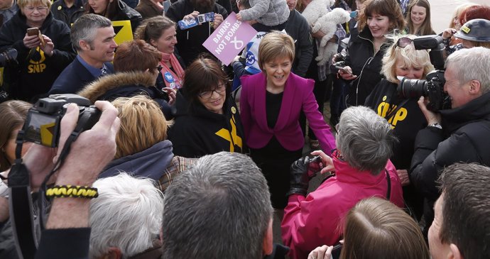 Nicola Sturgeon, the leader of the Scottish National Party, greets supporters du