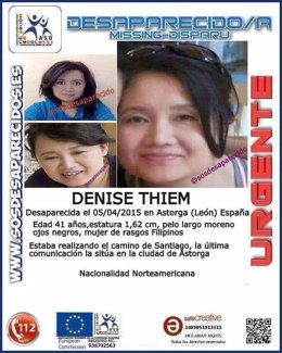 Cartel sobre la desaparición de la peregrina Denise Thiem