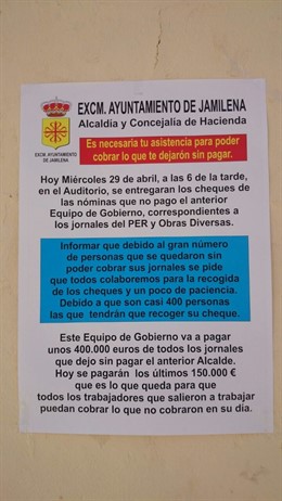 Anuncio para el cobro de cheques en Jamilena