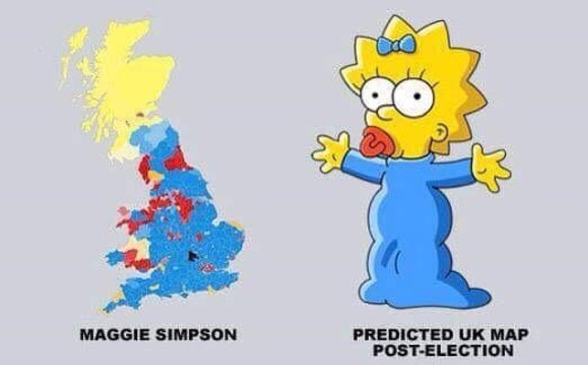 Imagen comparativa entre el nuevo mapa político británico y Maggie Simpson