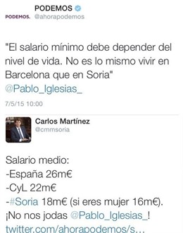 Tuits sobre Soria y los salarios de Podemos y Carlos Martínez 