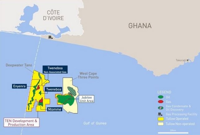Mapa de la explotación petrolera TEN de Tullow en Ghana