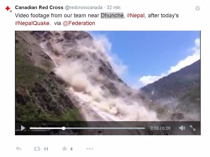 Tuit de Cruz Roja Canadá sobre un vídeo del terremoto de Nepal