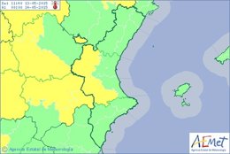 Mapa de avisos activos este miércoles en la Comunitat por temperatura máxima.