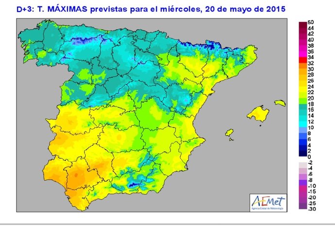 Mapa de temperaturas previsto para el miércoles 20 de mayo