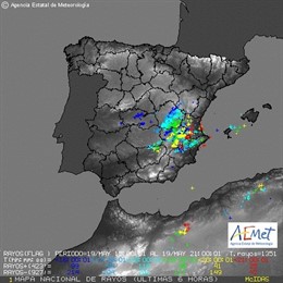 Mapa de rayos hasta las 23.00 horas del martes