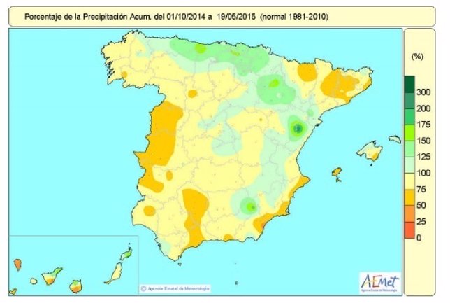 Distribución de las precipitaciones desde el 1 de octubre al 19 de mayo de 2015
