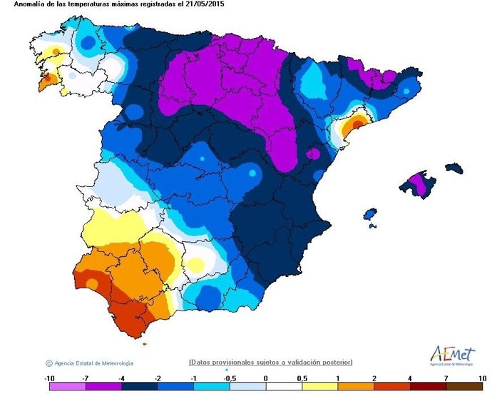 Anomalía de temperaturas máximas del 21 de mayo de 2015