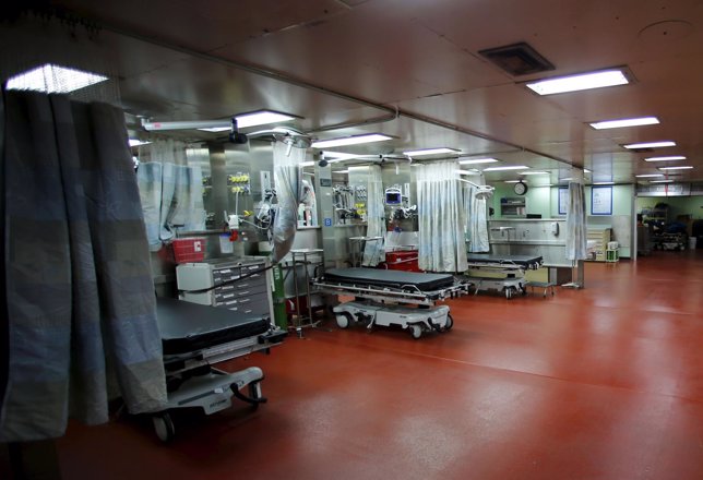 Emergency room beds are seen onboard the hospital ship USNS Mercy (T-AH 19) prio