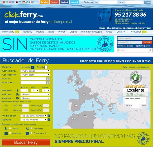 Web de Clickferry, buscador online de billetes de ferri en tiempo real
