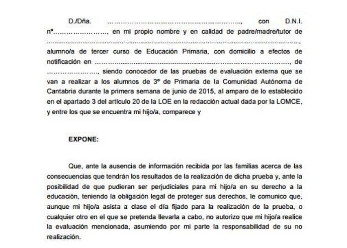 Documento que FAPA ha puesto a disposición de las familias cántabras