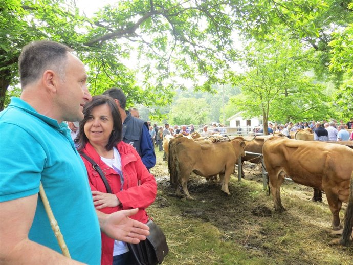 Álvarez conversa con un ganadero en la Feria de Corao. 