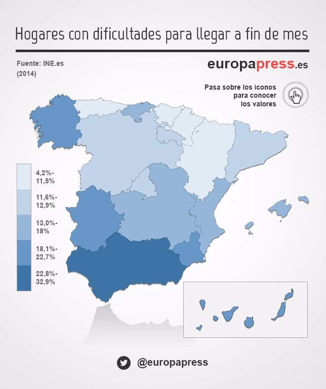 Mapa de hogares en España con dificultades para llegar a fin de mes