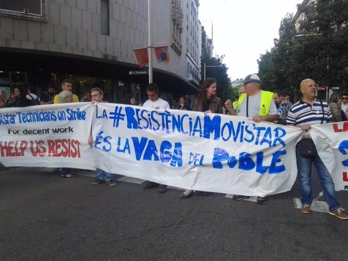 Protesta de los huelguistas de Movistar en el MWC 