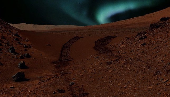 Interpretación artística de una aurora marciana