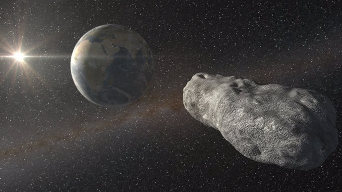 Simulación del Sol, la Tierra y el asteroide 2012 DA14 vistos desde el espacio