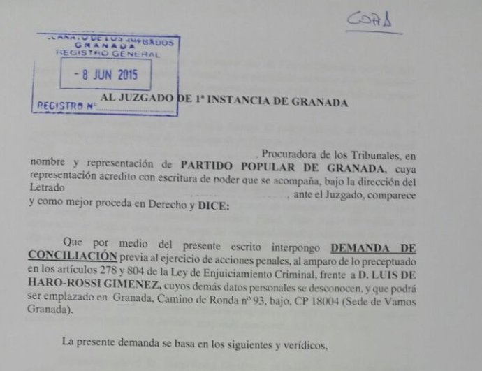Demanda interpuesta por el PP contra De Haro.