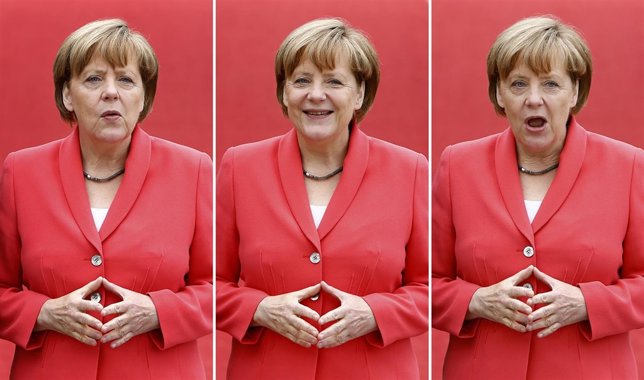 Combo photo of German Chancellor Merkel waiting to welome outreach delegates  at