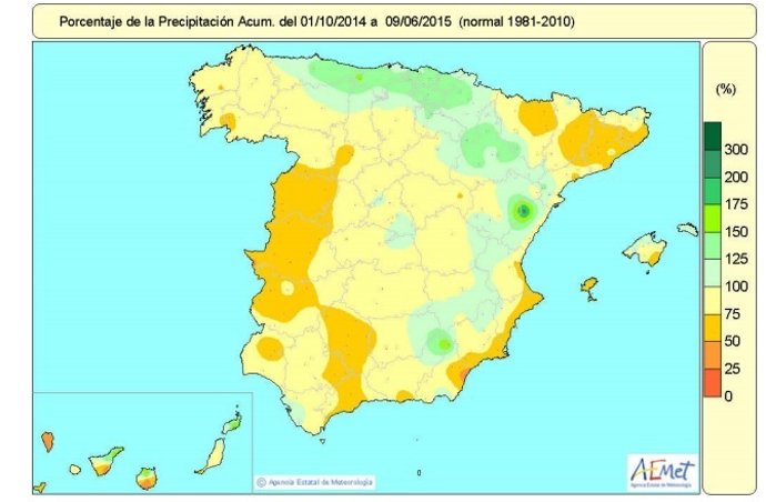 Distribución de precipitaciones hasta el 10 de junio de 2015