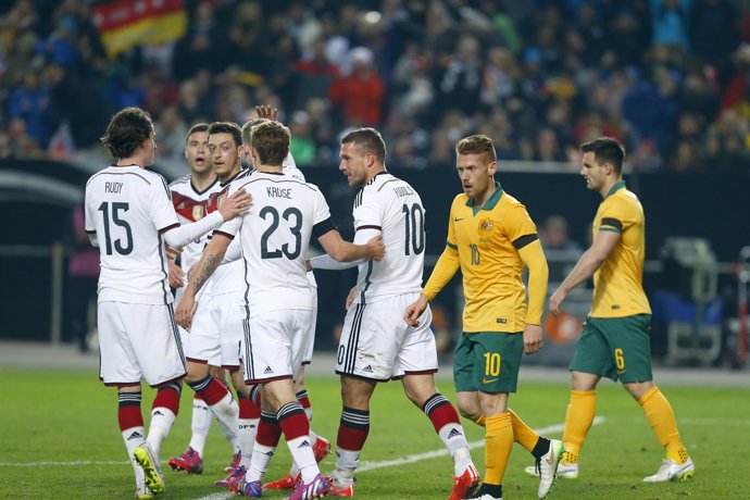 Podolski celebra un gol con la selección alemana