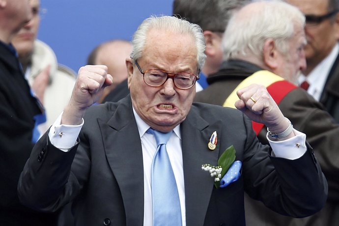 Jean-Marie Le Pen, France's National Front political party founder, reacts as he