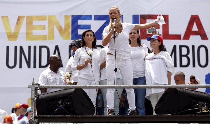 Tintori, wife of jailed Venezuelan opposition leader Lopez, speaks during a rall