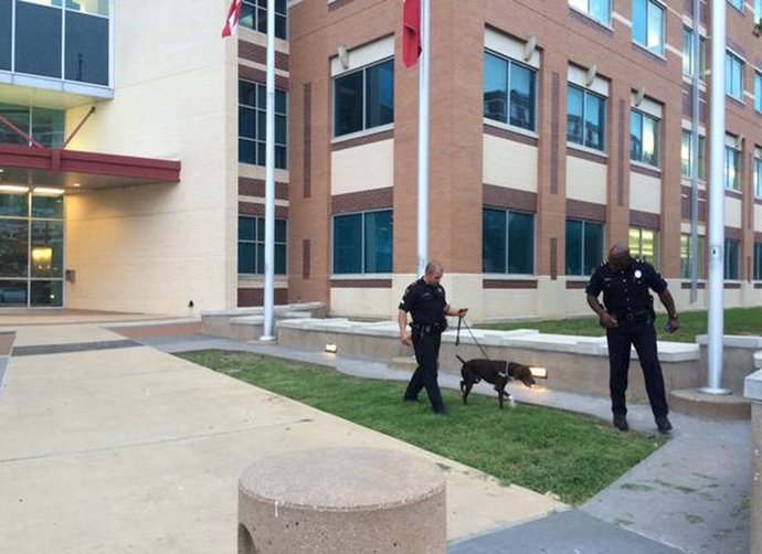 Handout shows police officers using a dog while searching for explosives outside
