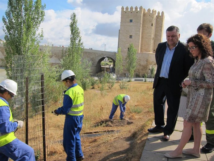 Zurera y Baena observan a los operarios forestales trabajar junto al río
