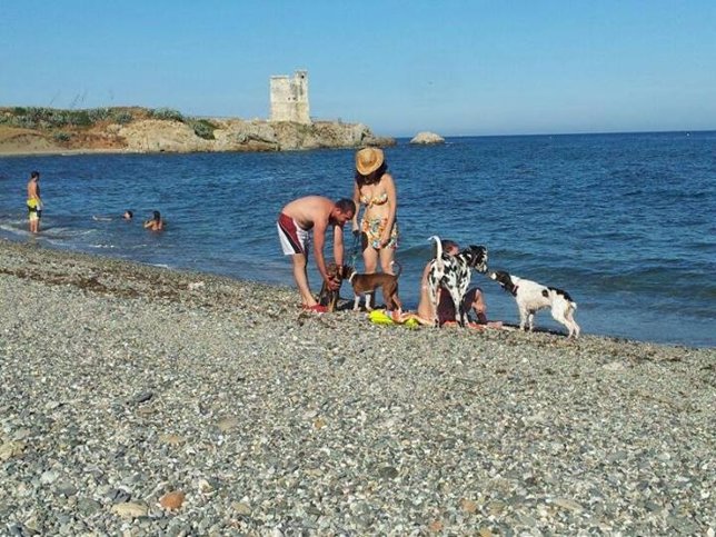 Dos bañistas en la playa para perros de Casares