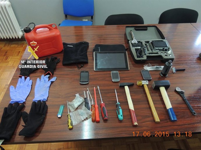 Material intervenido a tres detenidos por robos en Lalín (Pontevedra).