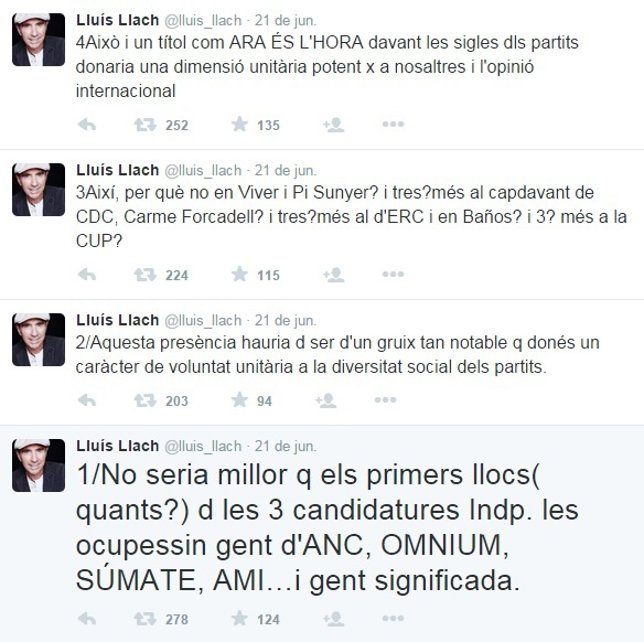 Tweets de Lluís Llach sobre las listas