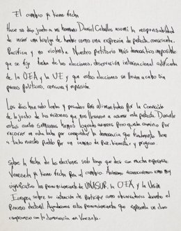 Carta de Leopoldo López para anunciar el fin de la huelga de hambre