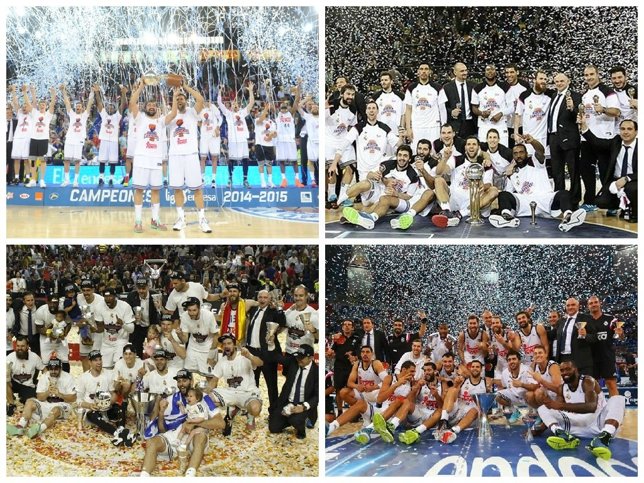 Montaje de los cuatro títulos del Real Madrid de baloncesto, el 'póquer'
