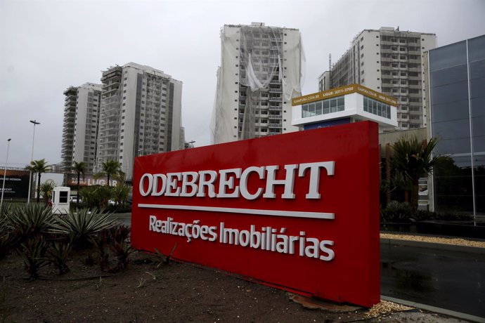 An Odebrecht placard is pictured in front of a construction site in Rio de Janei