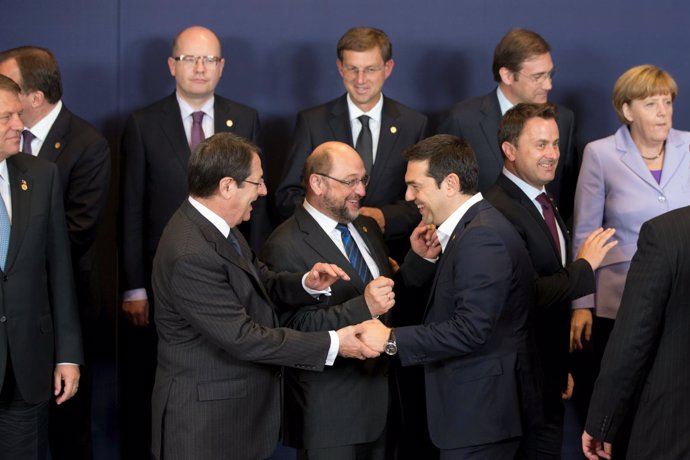 Alexis Tsipras, Nicos Anastasiades y Martin Schulz