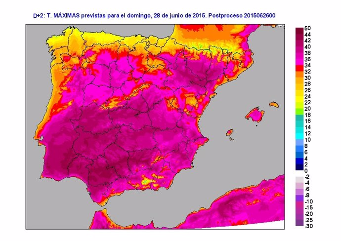 Mapa de temperaturas previstas para este domingo en España