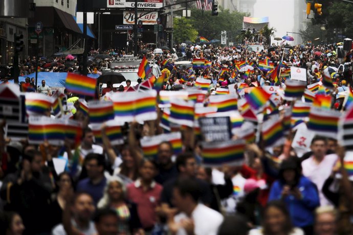 People march down 5 Av during the annual Gay Pride parade in New York
