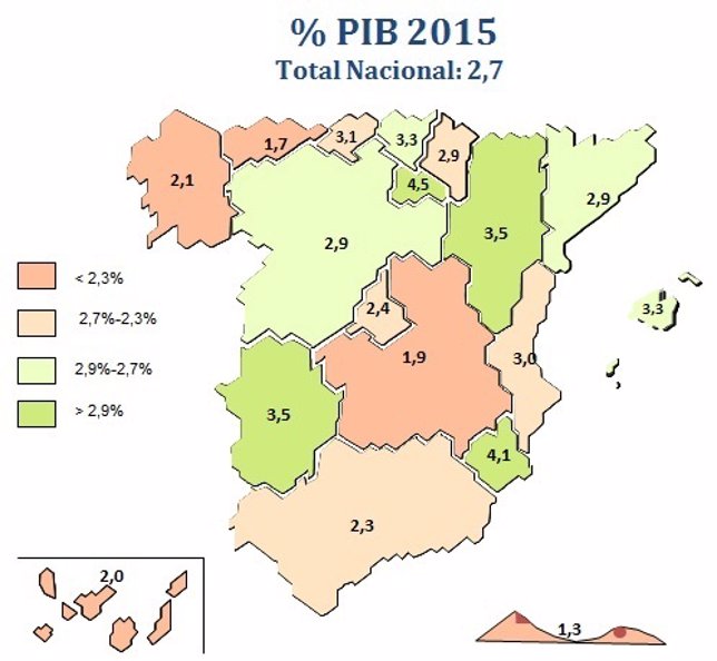 Mapa de estimación de crecimiento del PIB regional 2015.