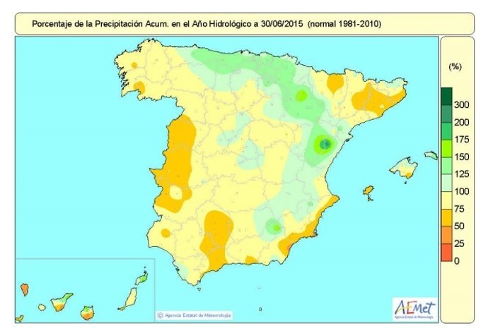 Mapa de precipitaciones acumuladas en el año hidrológico 2014-2015