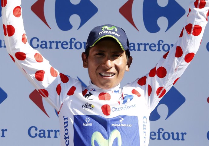 Movistar team rider Quintana of Colombia celebrates his best climber jersey on t
