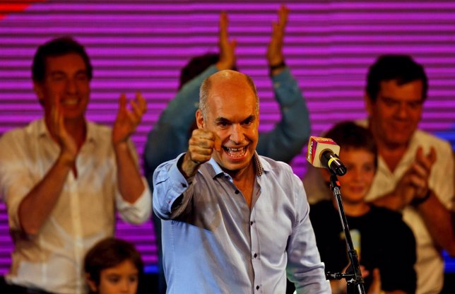 Rodriguez Larreta of the PRO party gestures as he acknowledges his triunph in th