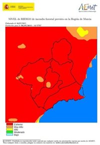 El riesgo de incendio forestal previsto para este lunes es extremo en prácticamente toda la Región de Murcia