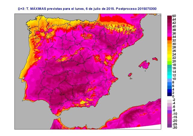 Mapa de temperaturas máximas previstas el 6 de julio de 2015